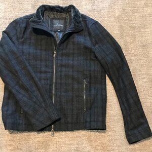 Marc Anthony Wool Blend Bomber Jacket Mens Medium Black Plaid Faux Fur Collar